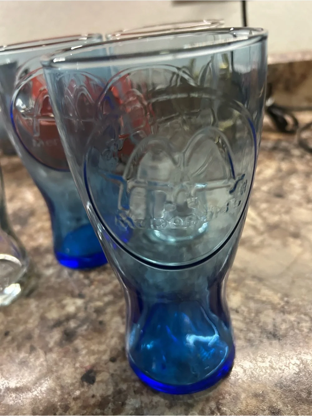 Set of 4 McDonalds Embossed Retro Glass Drinking Tumblers - Clear and Blue